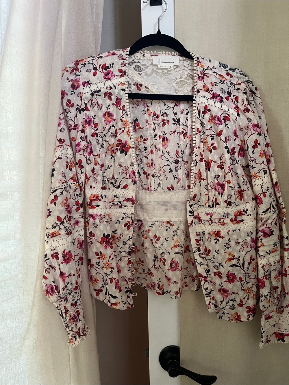 Anthropologie Cream Lace-Back Floral Blouse with Pom-Pom Trim